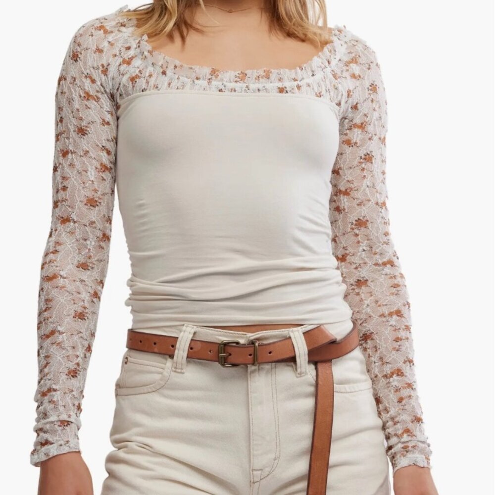 Free People Josie Lace Long Sleeve Shirt XS Tea Combo NWT Retail $68 - Picture 5 of 6